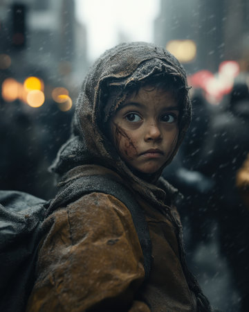 A child with a soiled, tattered coat glances back in a bustling city street during rain. The urban environment is filled with blurred lights and faceless passersby, creating a poignant atmosphere.の素材