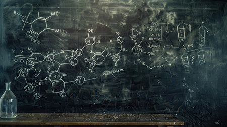 A classroom setting features a blackboard filled with intricate chemical structures and equations. A glass flask sits on a wooden table, indicating an ongoing experiment or lesson.の素材