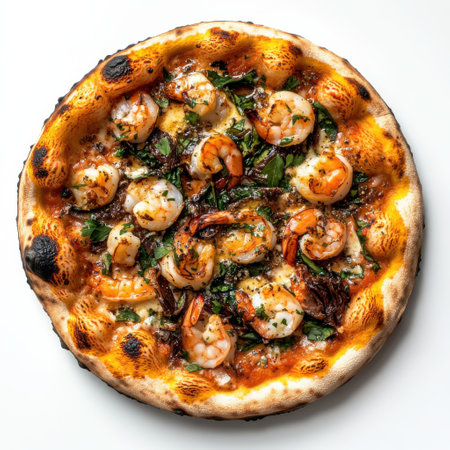 A freshly baked pizza featuring a golden crust topped with succulent shrimp, vibrant herbs, and a rich sauce is ready to enjoy. Perfect for seafood lovers seeking a flavorful meal.の素材