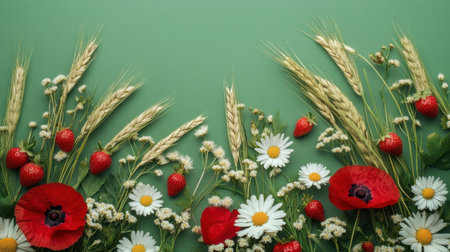 A vibrant arrangement of wildflowers, including daisies and poppies, alongside ripe strawberries and wheat stalks on a green backdrop creates a lively summer display.の素材