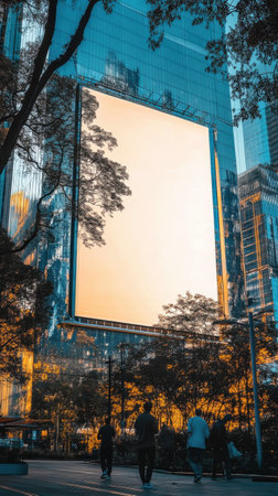 People walk leisurely along a tree-lined street, surrounded by tall glass buildings reflecting the warm hues of a sunset. A large blank billboard stands out prominently against the skyline.の素材