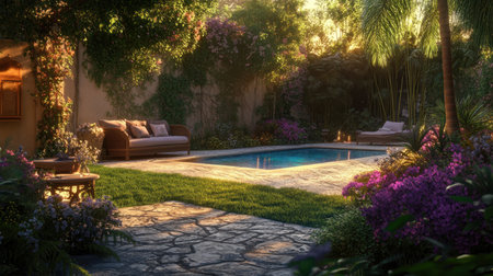 A beautiful garden features a clear pool surrounded by colorful flowers and lush greenery. Cozy seating invites relaxation in a peaceful, sunlit setting during sunset.の素材