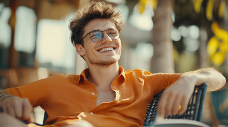 A cheerful young man wearing glasses and an orange shirt relaxes in a chair on a sunny day. His joyful demeanor reflects the warmth of the vibrant outdoor setting.の素材