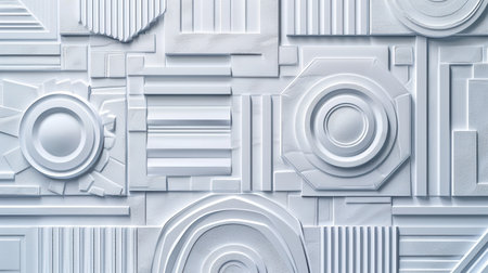 A detailed wall displays an array of geometric shapes and relief patterns in light colors, emphasizing texture and artistic design elements. The arrangement enhances the room's modern aesthetics.の素材