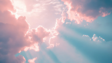 Gentle rays of sunlight illuminate fluffy clouds in a pastel sky during early morning hours, creating a peaceful and tranquil atmosphere.の素材