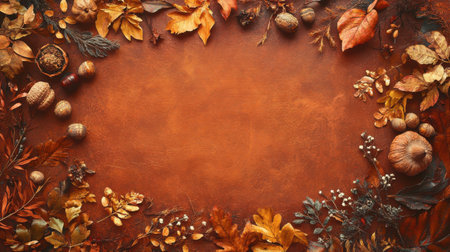 A warm, textured surface showcases an arrangement of autumn leaves, acorns, nuts, and other natural elements, creating an inviting seasonal display perfect for decoration.の素材