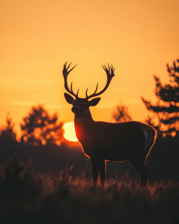 A striking silhouette of a deer stands tall against the backdrop of a vivid sunset. The warm hues of orange and yellow illuminate the serene landscape, creating a peaceful atmosphere.の素材