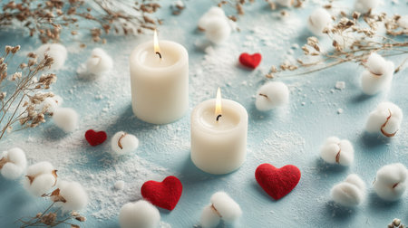 Softly lit candles surrounded by cotton flowers and red heart decorations create a warm and inviting atmosphere for winter celebrations or romantic moments.の素材