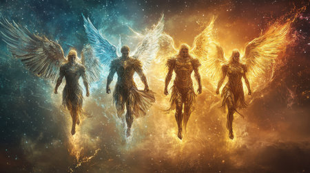Four majestic beings with large, colorful wings embody different energies against a celestial backdrop. The scene captures their divine presence and ethereal power in a fantastical setting.の素材