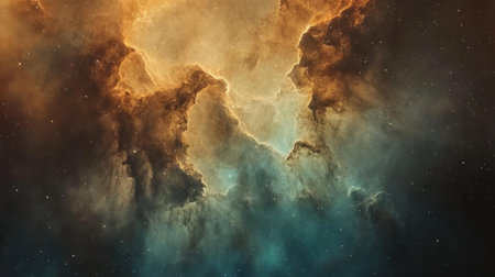Colorful clouds of gas and dust swirl in the cosmos, showcasing dynamic shades of orange and blue. This breathtaking view captures the beauty and mystery of deep space.の素材