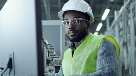 A construction worker in a safety vest and hard hat examines data on a computer screen in a bright, industrial workspace filled with machinery and tools.の素材
