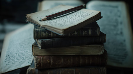 Stacked old books accompany handwritten notes and a pencil, conveying a sense of history, learning, and creativity in a serene study environment.の素材