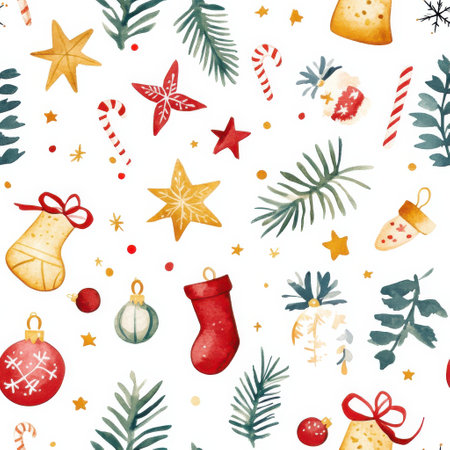 A joyful collection of hand-painted watercolor Christmas elements, including ornaments, stars, and snowflakes, creating a cheerful and festive atmosphere for the holiday season.の素材