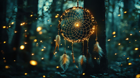 A dreamcatcher glimmers in a tranquil forest, illuminated by countless fireflies swirling around. The scene blends two worlds into a captivating vision of magic and nature.の素材