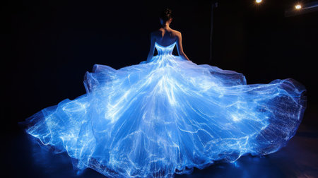 A model elegantly showcases a futuristic ballgown with cascading layers of glowing, mist-like fabric, creating an ethereal aura during a nighttime gala event.の素材