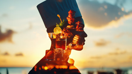 A Jamaican chefâs silhouette blends with glowing jerk chicken and plantains, while a Brazilian chef merges with churrasco skewers and tropical drinks, celebrating culinary passion at twilight.の素材