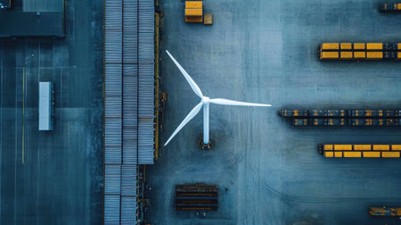 Aerial view captures a wind turbine positioned beside numerous yellow shipping containers in a sprawling industrial area, highlighting renewable energy integration in logistics.の素材