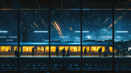 At a bustling train station, travelers pause in awe as a stunning meteor shower lights up the dark sky, creating a breathtaking spectacle through the large windows.の素材