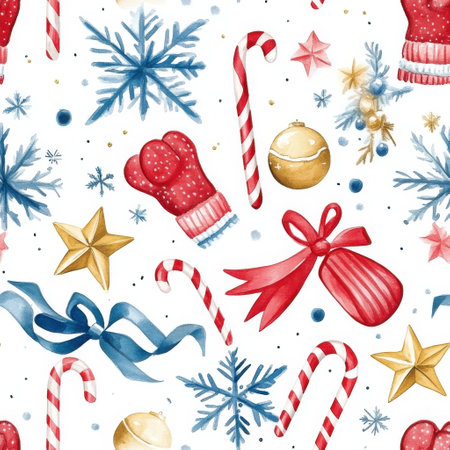 Unique and artistic design showcases hand-painted watercolor Christmas decorations. Red mittens, golden stars, blue snowflakes, ribbons, and candy canes create a festive holiday atmosphere.の素材