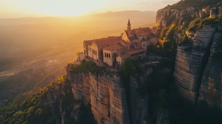 This stunning aerial view depicts a mountain monastery illuminated by the golden light of dawn. Surrounded by steep cliffs, it creates a serene and awe-inspiring atmosphere.の素材