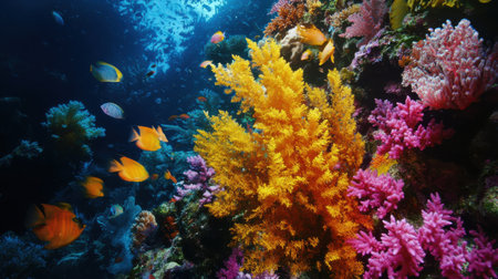 Aerial view reveals a vibrant coral reef filled with colorful corals and various fish species swimming gracefully. The clear water highlights the beauty of this serene underwater habitat.の素材