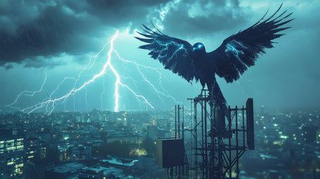 A thunderbird with glowing electrified wings rests atop a modern radio tower as lightning strikes illuminate the stormy city landscape below. Dark clouds swirl in the sky.の素材