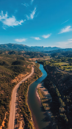A breathtaking river flows through striking red rock canyons, surrounded by lush greenery and rugged mountains, all beneath a vivid blue sky. Nature's beauty shines in this captivating landscape.の素材
