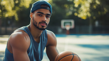 An athletic young man poses confidently with a basketball, basking in the sunlight on an outdoor court surrounded by greenery. His focused expression highlights his love for the sport.の素材