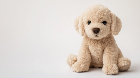 A gentle light brown plush puppy toy with floppy ears sits comfortably on a white surface.の素材