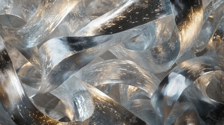 Shimmering ribbons twist and turn in a complex formation, showcasing their glossy surfaces and highlighting light reflections in an intricate design.の素材