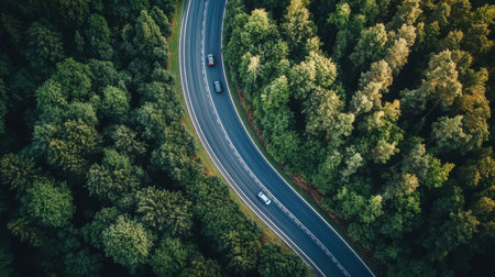 Cars navigate a curvy road that meanders through dense, vibrant trees under a clear blue sky, showcasing the beauty of nature and peaceful driving conditions.の素材