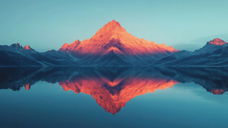 Mountains rise dramatically from a tranquil lake, reflecting the vibrant colors of a stunning sunrise. The scene captures the beauty of nature in a peaceful setting.の素材