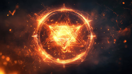 A captivating geometric symbol radiates bright orange and yellow flames, creating an intense contrast against a dark backdrop. The intricate design draws the viewer's eye with its mystical aura.の素材