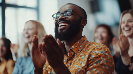 A man with a beard and glasses is smiling and applauding in a crowded space. The audience around him shares in the excitement, creating a lively atmosphere during the event.の素材