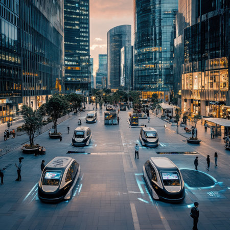 In a vibrant city setting, autonomous vehicles navigate through the streets, illuminating a smooth, futuristic pathway. Tall skyscrapers reflect the warm hues of sunset, showcasing modern urban life.の素材