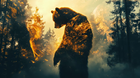 A large bear stands amidst a mystical forest, partially enveloped in flames as the sun sets. The scene reflects a blend of nature's beauty and devastating fire.の素材