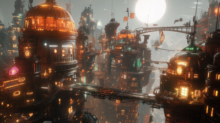 Illuminated structures rise into the twilight sky, showcasing a unique blend of technology and architecture. Intricate bridges connect the glowing buildings, creating a vibrant urban landscape.の素材