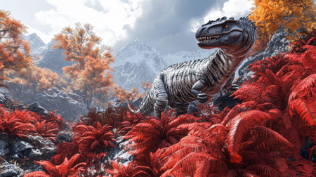 A lifelike dinosaur explores a colorful terrain filled with striking red plants and towering mountains under a bright blue sky with scattered clouds.の素材