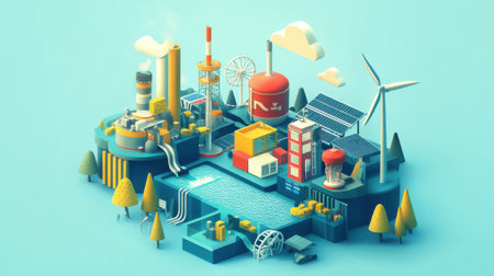 An industrial complex designed with sustainability in mind features wind turbines, solar panels, and water structures, all set against a bright, cheerful background.の素材