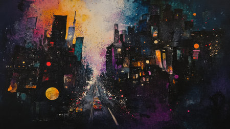 A bustling city landscape comes to life at twilight, showcasing abstract skyscrapers illuminated by bright lights and colorful dots. The lively atmosphere conveys energy and dynamism.の素材