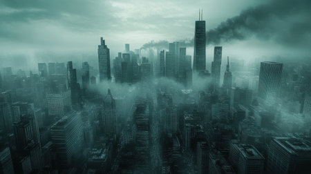 A city skyline appears engulfed in thick fog and dark smoke, creating a haunting atmosphere. Skyscrapers loom in the background, hinting at a dystopian environment.の素材
