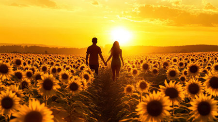 A couple strolls through a vibrant sunflower field while holding hands. The sun sets in the background, casting a warm golden glow over the scene, creating a romantic atmosphere.の素材