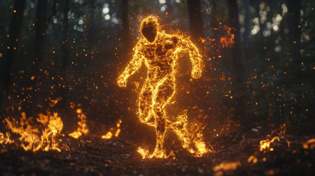 A fiery figure sprints through a dark forest, surrounded by flickering flames that illuminate the environment. The glow of the fire contrasts with the shadows of the trees.の素材