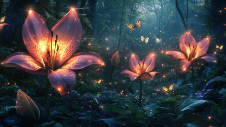 Glowing lilies with golden centers bloom in a magical forest, surrounded by delicate butterflies fluttering in the twilight ambiance of an enchanting evening.の素材