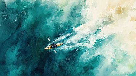 A kayaker moves swiftly through stunning turquoise waters, leaving a white wake behind. The bright sun casts beautiful reflections on the ocean, enhancing the serene atmosphere.の素材