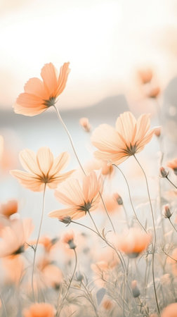 Orange flowers bloom vibrantly in a field, illuminated by the warm glow of sunset. Their petals dance lightly in the breeze, creating a serene, peaceful atmosphere.の素材