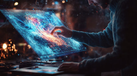 A person engages with a glowing holographic display, manipulating vibrant visuals while seated at a desk cluttered with tech gadgets in a dimly lit ambient space.の素材