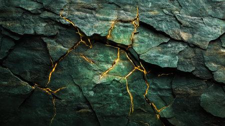 Intricate patterns of cracks and glowing veins are visible on a weathered rock surface. Natural light highlights the textures and colors in this geological formation, revealing its beauty.の素材