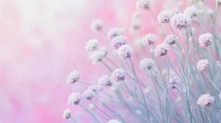 Beautiful white flowers sway gently in the breeze, set against a dreamy pink backdrop. The scene captures the essence of tranquility and the beauty of nature in late spring.の素材