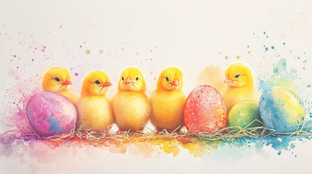 Six cheerful yellow chicks sit together among colorful decorated eggs on a bed of straw, capturing a joyful spring celebration filled with warmth and color.の素材